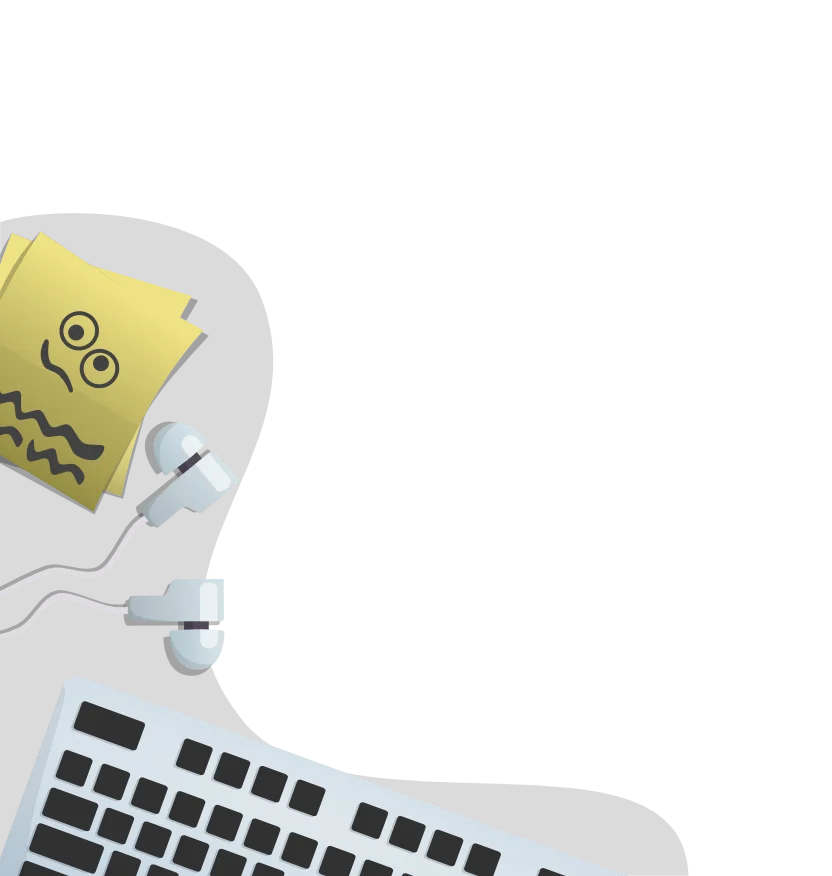 Cartoony image showing sticky notes ear buds and a keyboard on the left side of the screen.