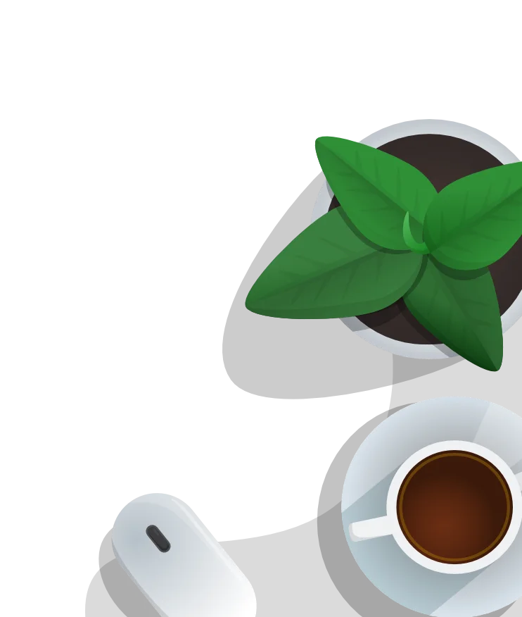 Cartoony image showing a mouse, coffee and a plant on the right side of the screen.