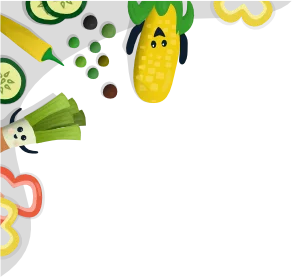 Bild des Gemüses im Cartoon-Style und der Appocados Maskottchen auf der linken Seite des Bildschirms.