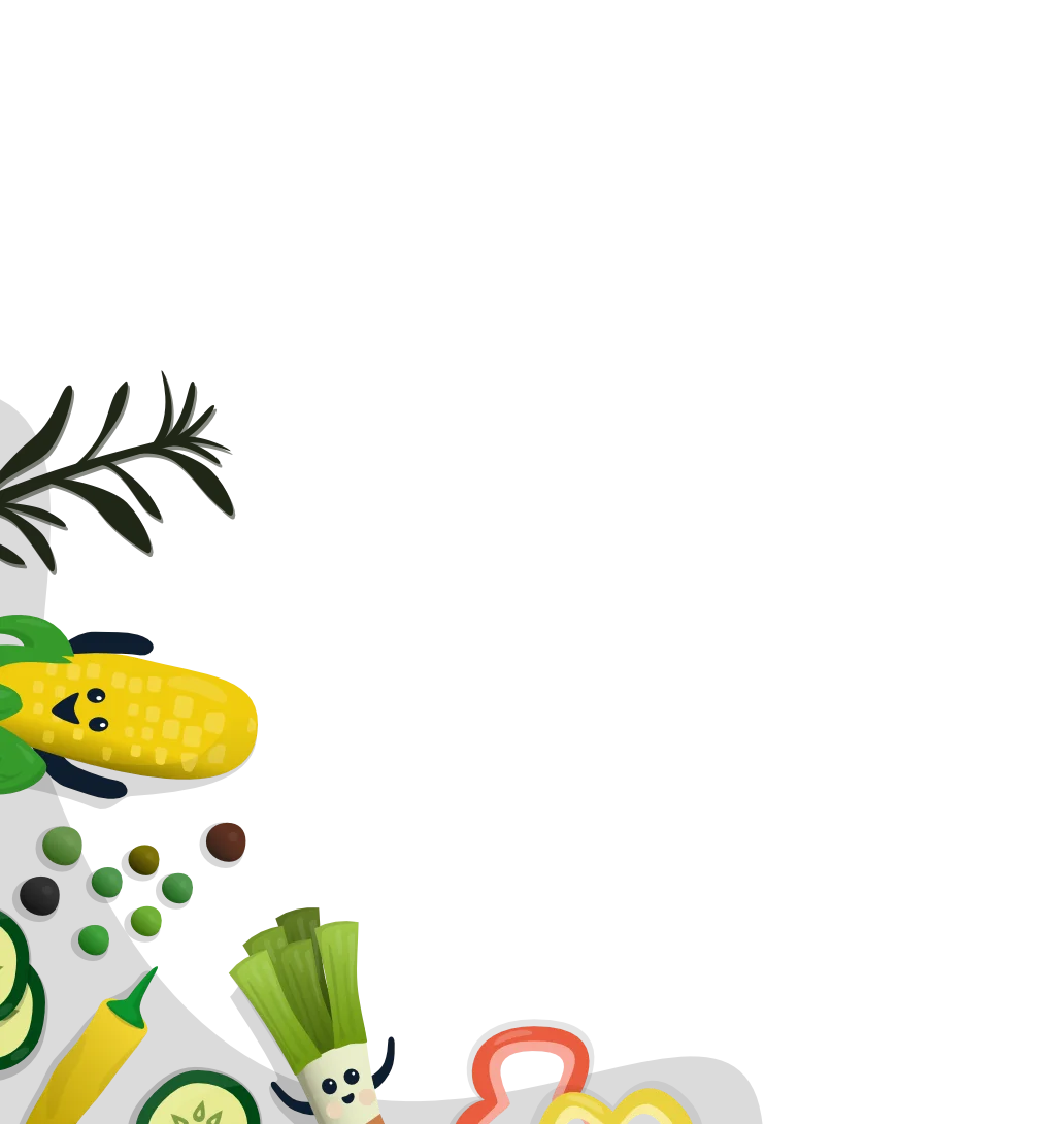 Cartoony image of the vegetables and the appocados mascots on the left side of a wooden table.