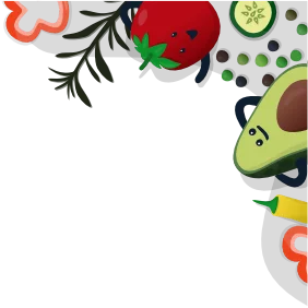 Bild des Gemüses im Cartoon-Style und der Appocados Maskottchen auf der rechten Seite des Bildschirms.