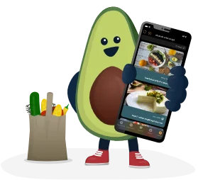 Image of our mascot Avo proudly presenting the appocados app on an iPhone