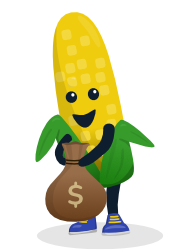Maskot Corni the corncob holding a money sack.