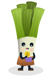 Mascot Selly the celery holding a coin