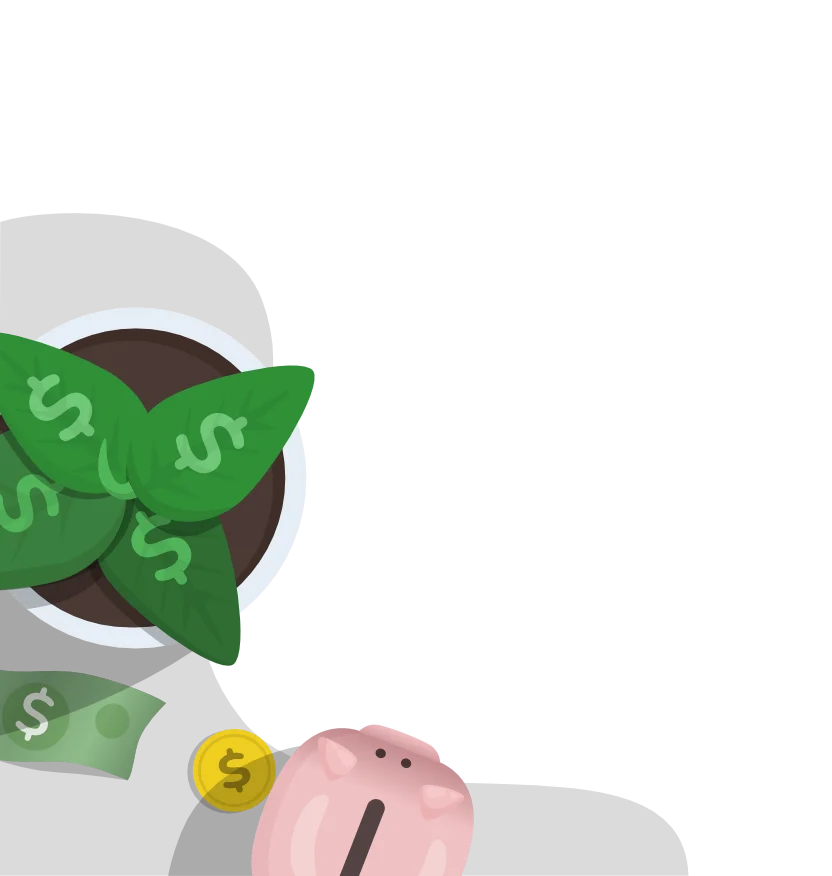 Cartoony image of a plant, money and a piggy bank on the left side of a wooden table.