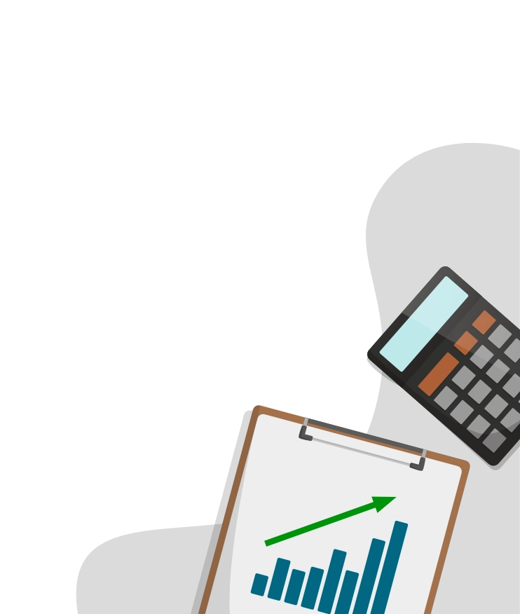 Cartoony image of a clipboard with a chart and a calculator on the right side of a wooden table.