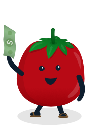 Mascot Tommy the tomato waving with banknote.