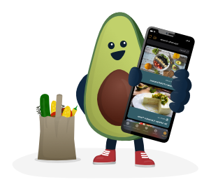Mascot Avo the avocado presenting the appocados app on an iPhone
