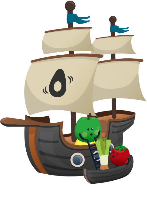 Image of a sailing ship with the appocados mascots going on board at sunrise.