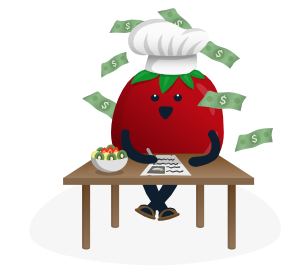 Maskottchen Tommy die Tomate sitzt an einem Schreibtisch und schreibt Rezepte, während Geldscheine von der Decke herabfliegen.
